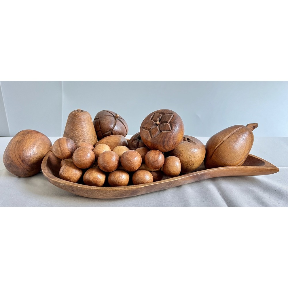 Vintage Hand Carved Wooden Fruit 10 Piece Set with Leaf Shaped Bowl Centerpiece